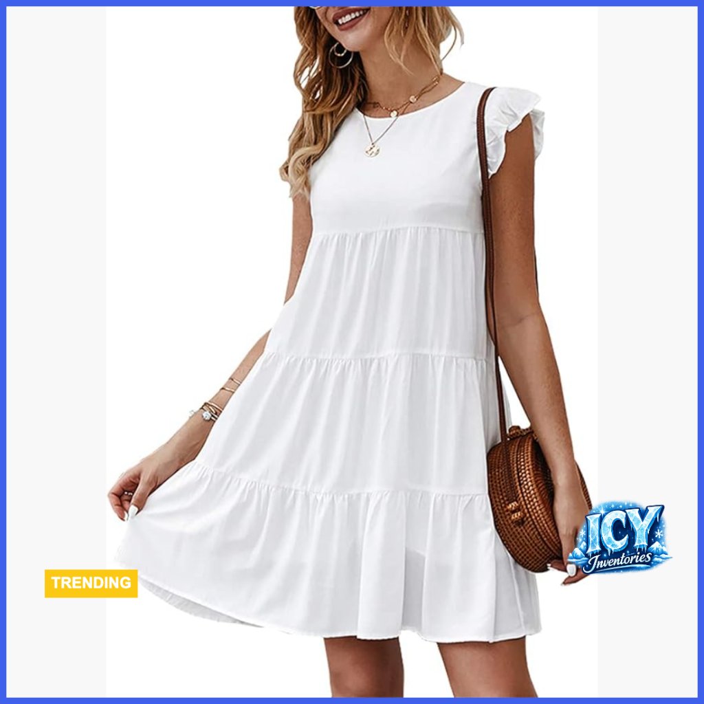 Sleeveless Ruffle Sleeve Babydoll Mini Dress With Button Closure